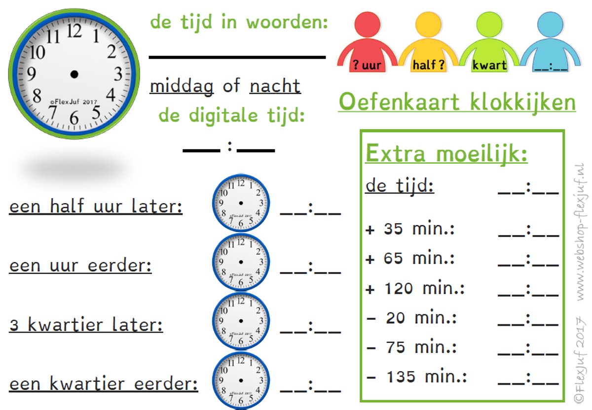 Oefenkaart rekenen klokkijken beelddenker | Wisbordje (SET van 30 st.)